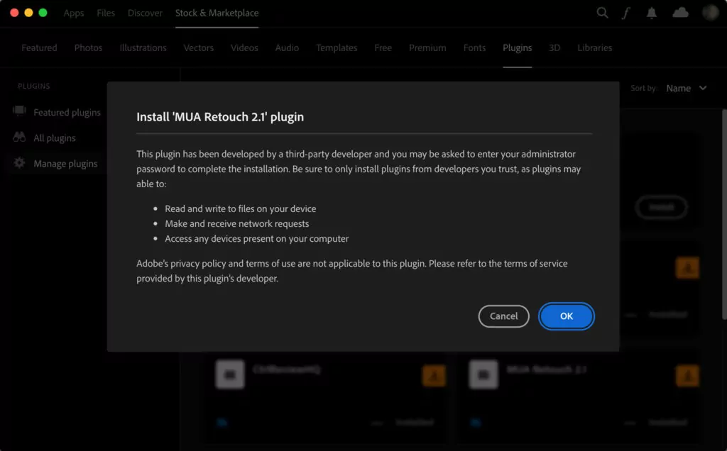 Standard third-party developer notification in Creative Cloud
