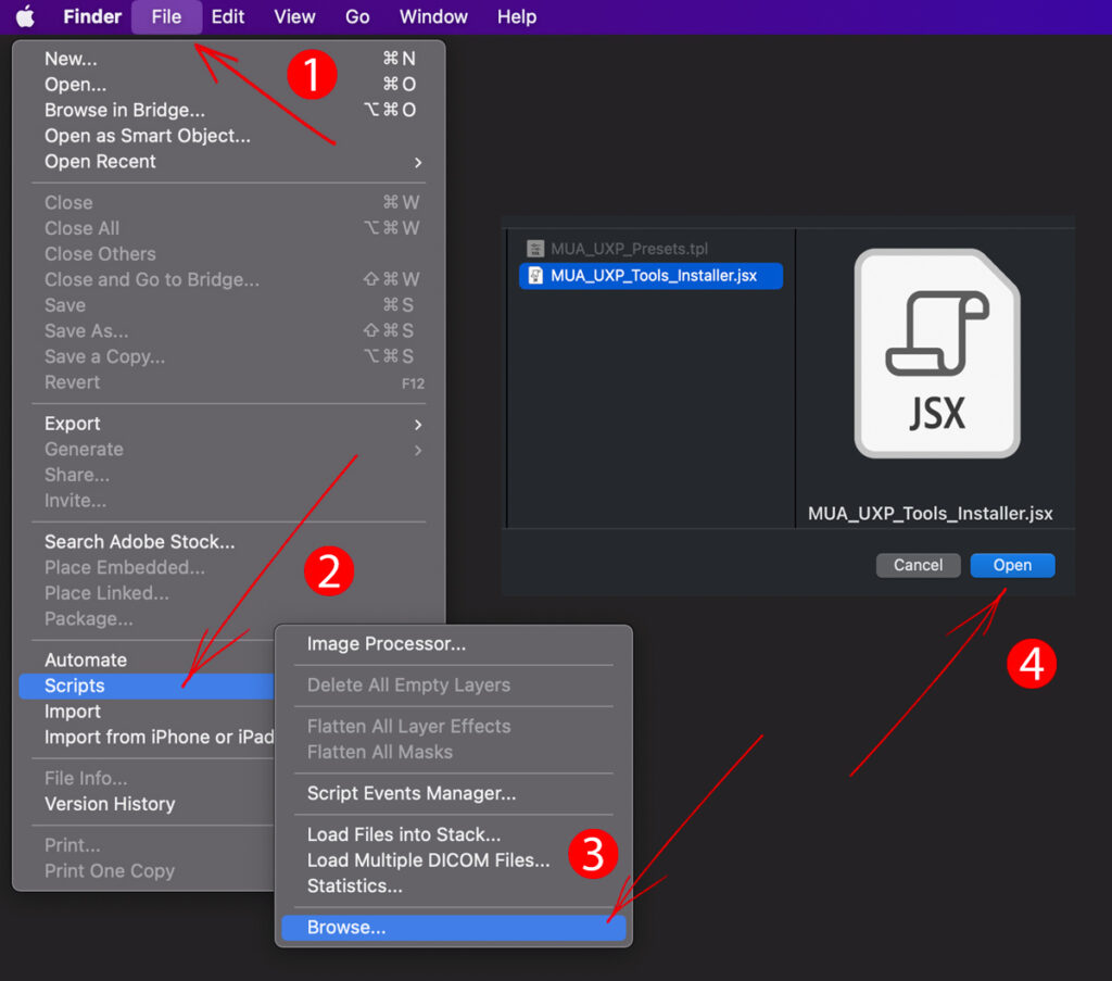 Running the MUA UXP Tools Installer script via File Scripts Browse in Photoshop
