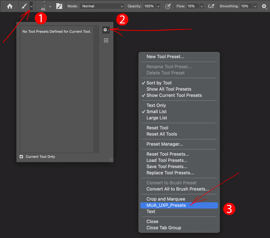 Appending the MUA_UXP_Presets in the Tool Presets panel options in Photoshop
