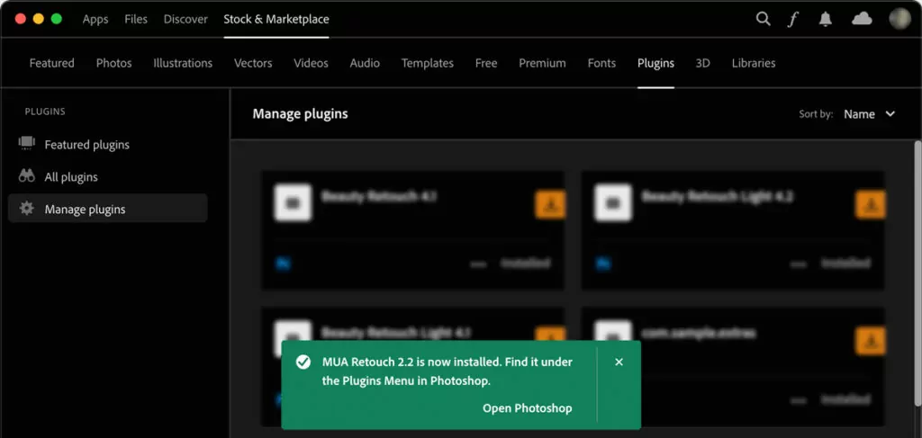 MUA Retouch Panel shown under the Plugins menu in Photoshop