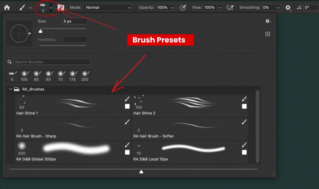 Photoshop — Brush Preset Picker showing the six installed RA Brush Presets