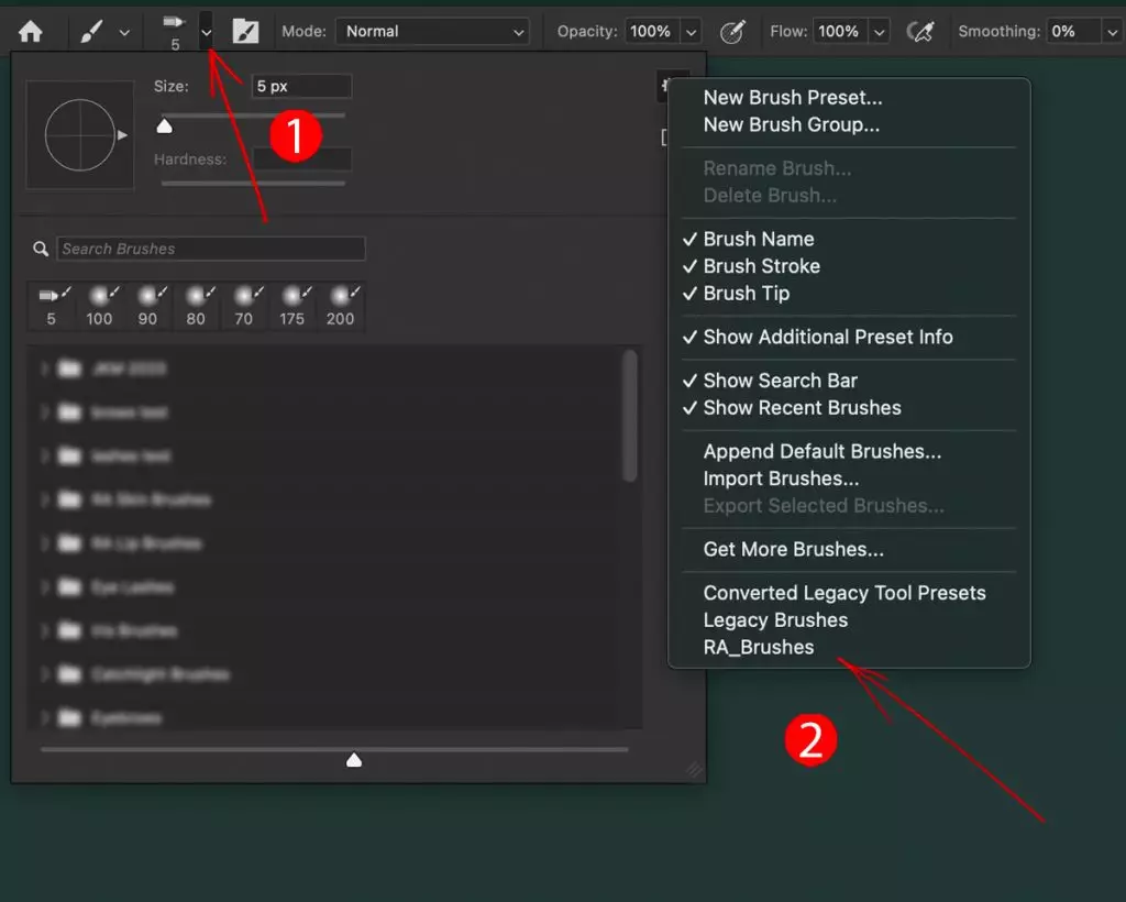 Photoshop — Brushes panel showing Panel Options menu with RA_Brushes selected
