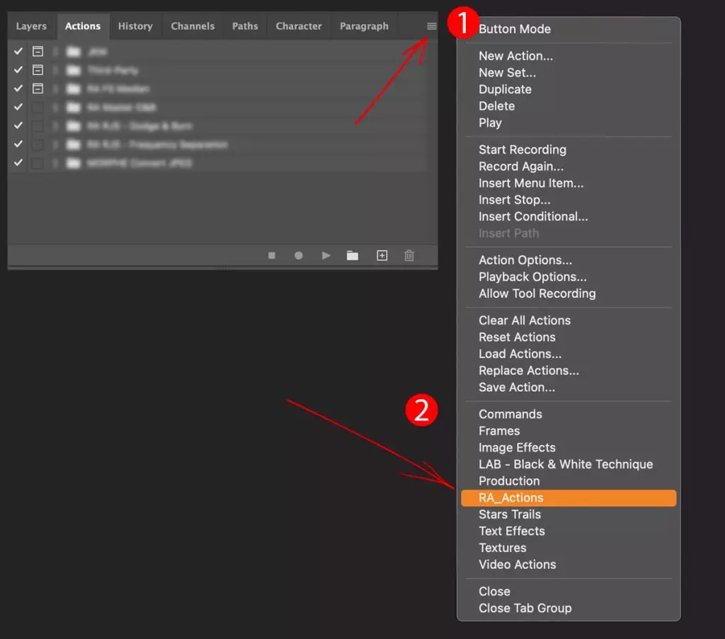 Photoshop — Actions panel showing Panel Options menu with RA_Actions selected