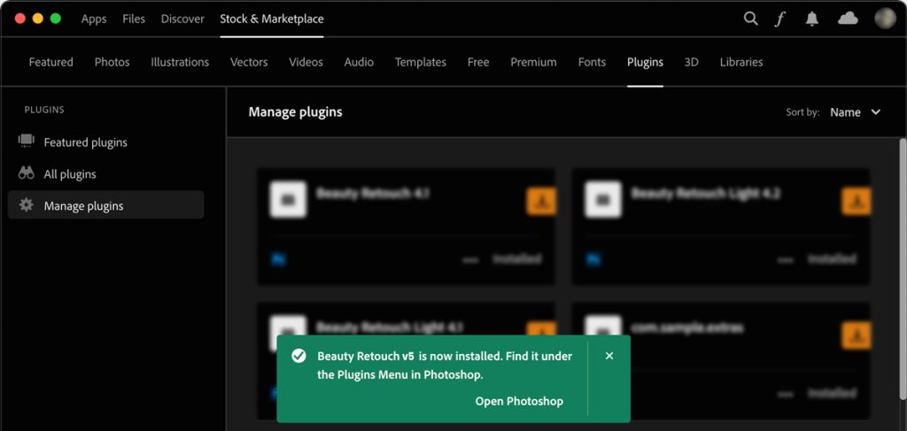 Beauty Retouch Panel shown under the Plugins menu in Photoshop