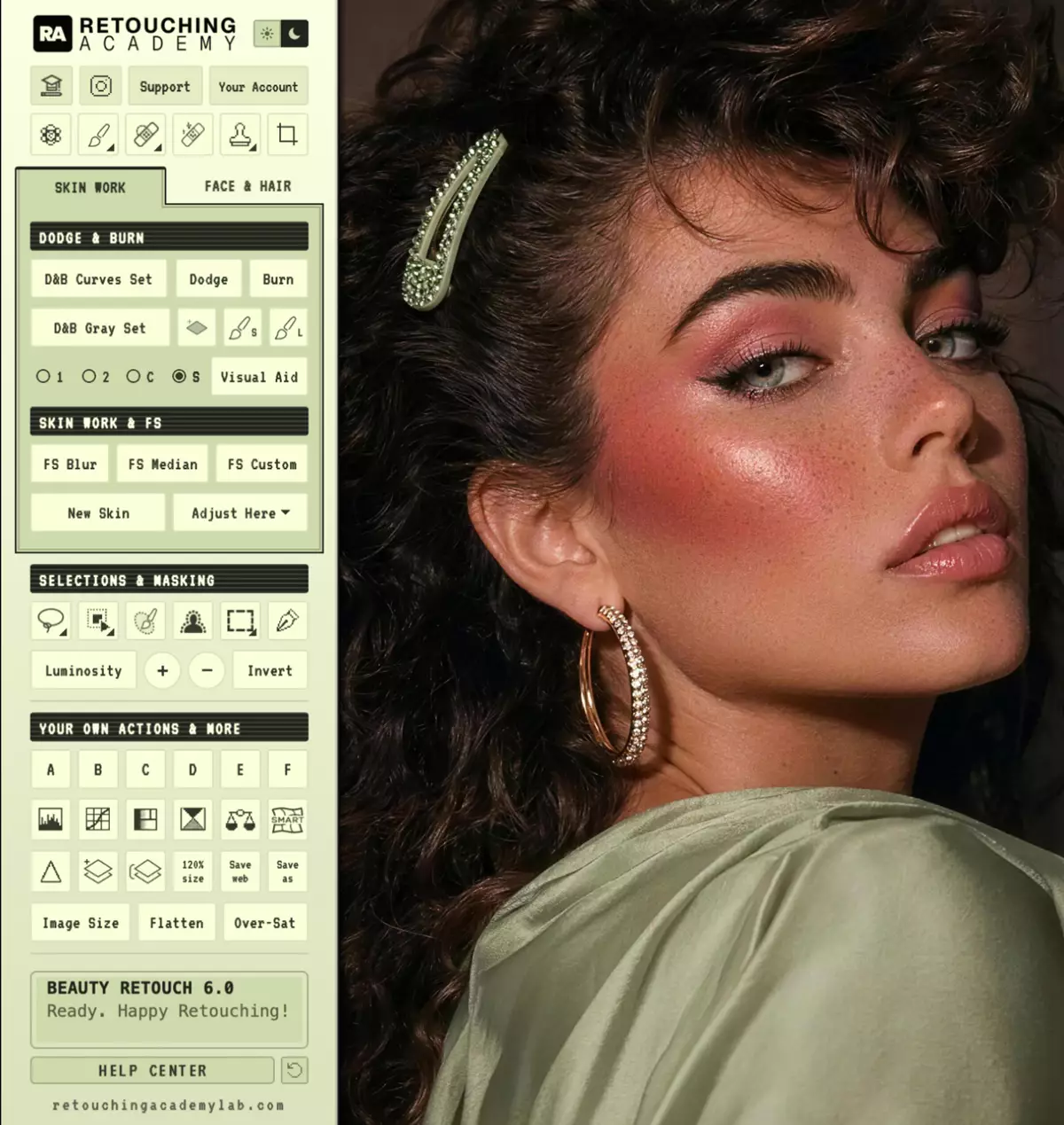 Beauty Retouch 6.0 panel in Photoshop, next to a retouched beauty portrait