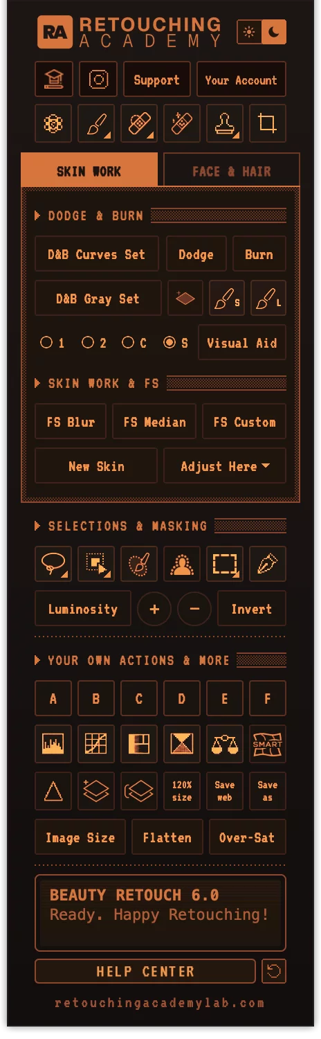 Beauty Retouch 6.0 panel, Amber dark UI