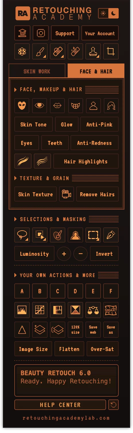 Beauty Retouch 6.0 panel, Amber dark UI